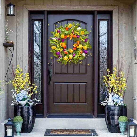 Spring Wreath 24 Inch Summer Wreaths for Front Door with Colorful Tulip Daisy - Picture 2 of 7